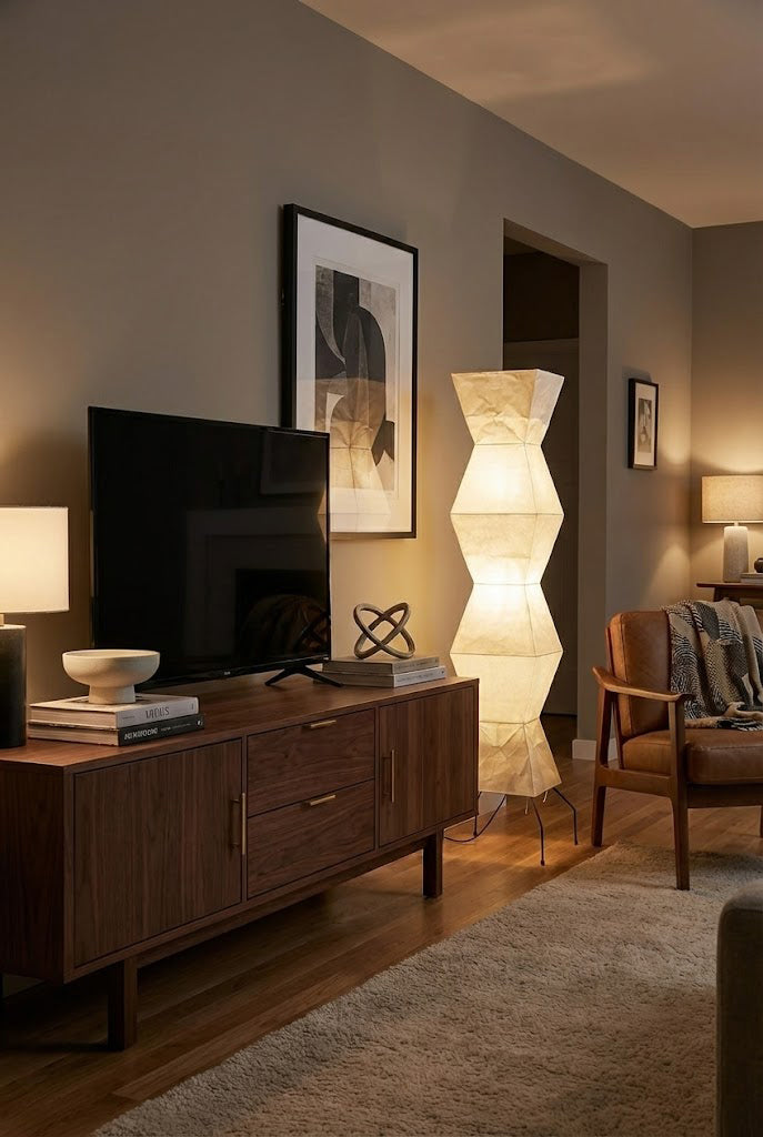 Floor Lamp Minimalist with Geometric Washi Paper Shade and Tripod Base