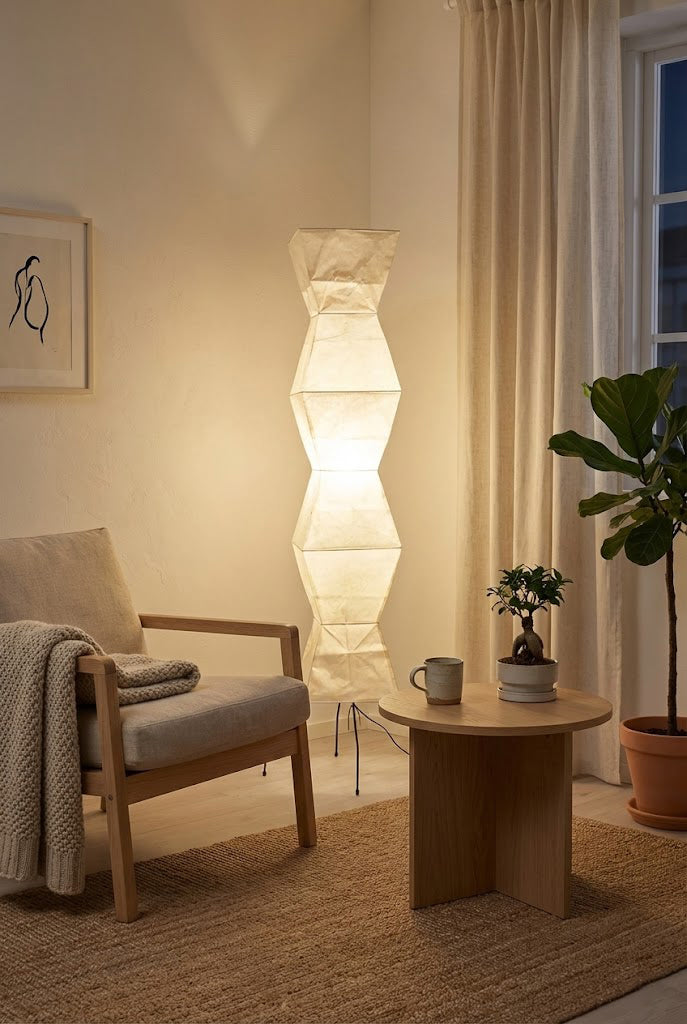 Floor Lamp Minimalist with Geometric Washi Paper Shade and Tripod Base