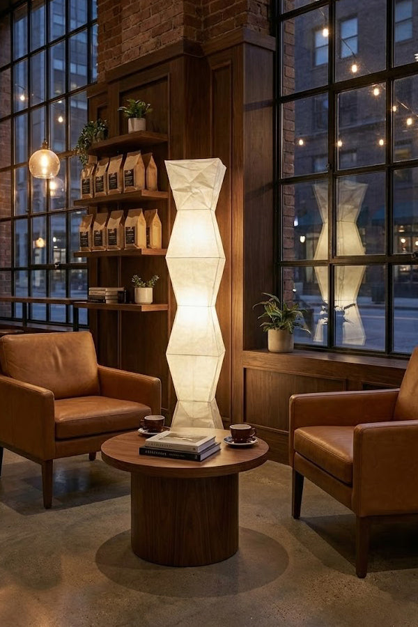 Floor Lamp Minimalist with Geometric Washi Paper Shade and Tripod Base