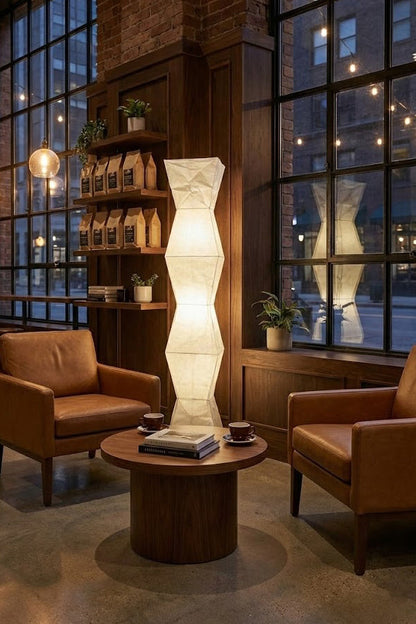 Floor Lamp Minimalist with Geometric Washi Paper Shade and Tripod Base