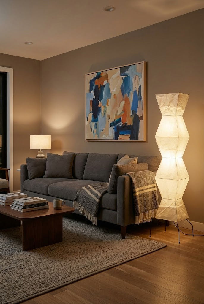 Floor Lamp Minimalist with Geometric Washi Paper Shade and Tripod Base