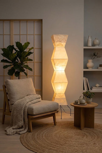 Floor Lamp Minimalist with Geometric Washi Paper Shade and Tripod Base