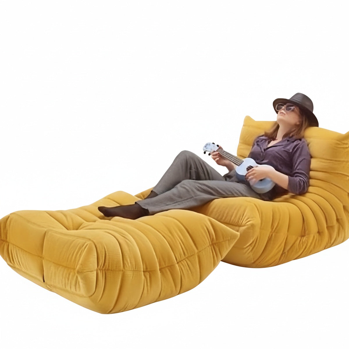 Floor Lounge Chair with Ottoman Set with Ribbed Quilted Design