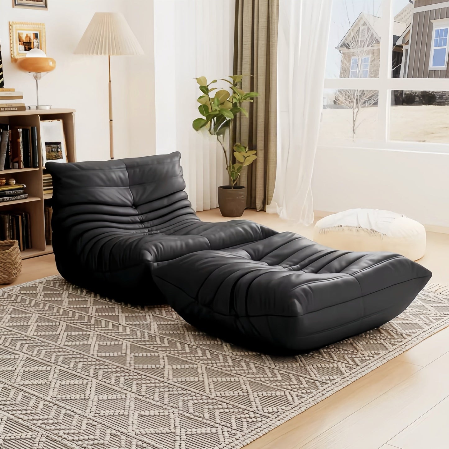 Floor Lounge Chair with Ottoman Set with Ribbed Quilted Design