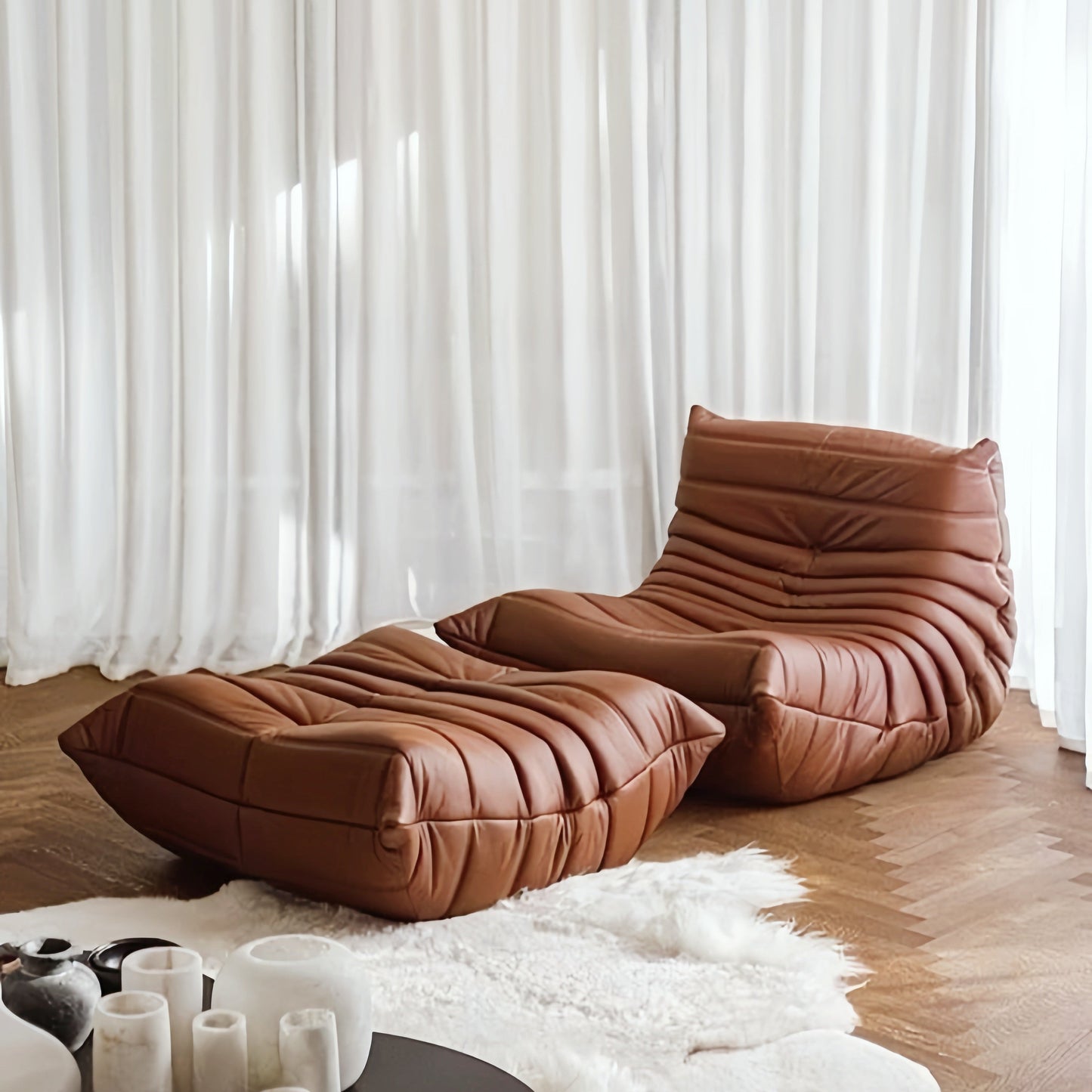 Floor Lounge Chair with Ottoman Set with Ribbed Quilted Design