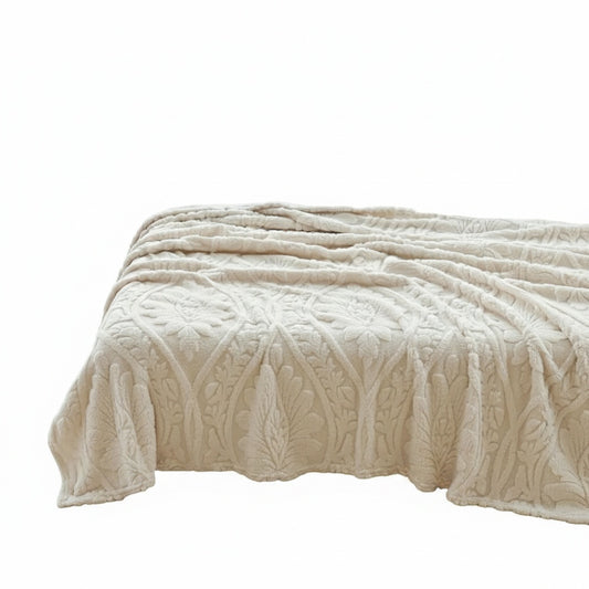 Fluffy Fleece Throw Blanket with Embossed Leaf Pattern for Bed and Couch
