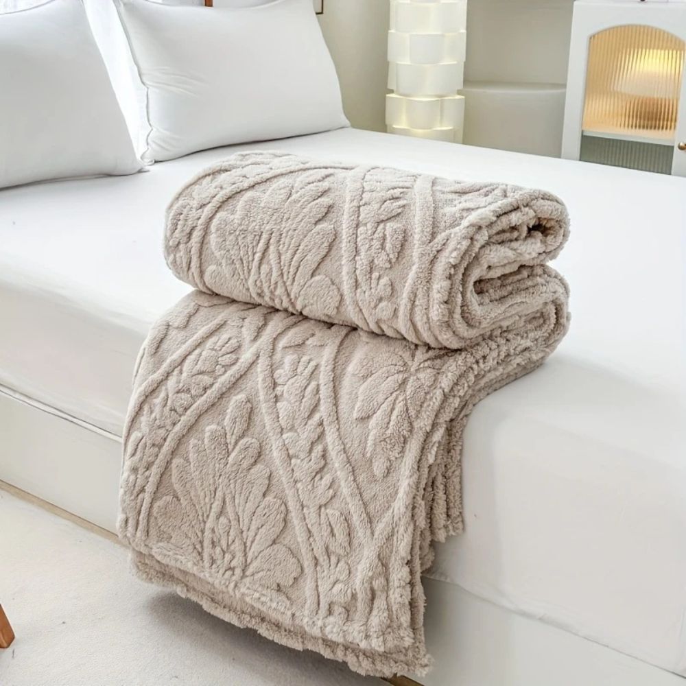Fluffy Fleece Throw Blanket with Embossed Leaf Pattern for Bed and Couch
