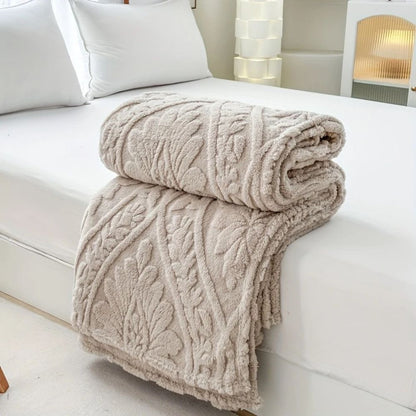 Fluffy Fleece Throw Blanket with Embossed Leaf Pattern for Bed and Couch