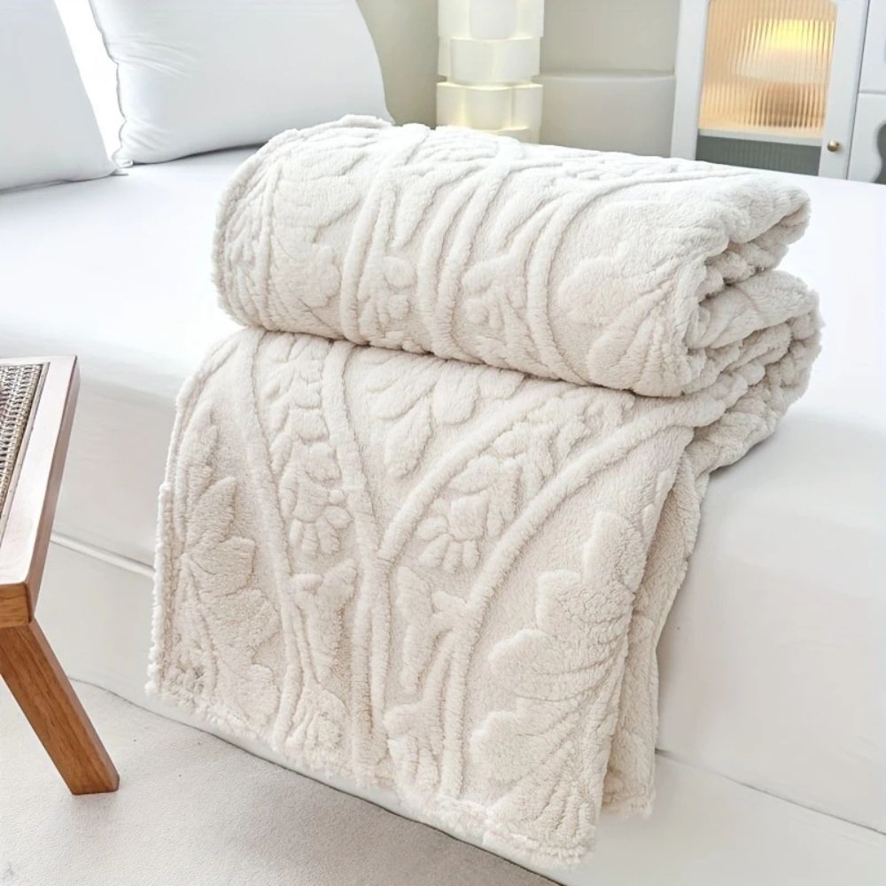 Fluffy Fleece Throw Blanket with Embossed Leaf Pattern for Bed and Couch