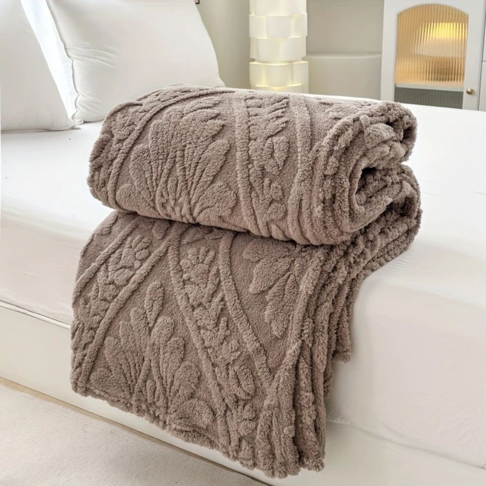 Fluffy Fleece Throw Blanket with Embossed Leaf Pattern for Bed and Couch