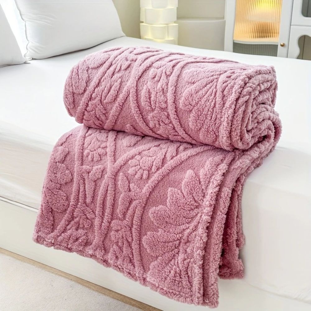 Fluffy Fleece Throw Blanket with Embossed Leaf Pattern for Bed and Couch