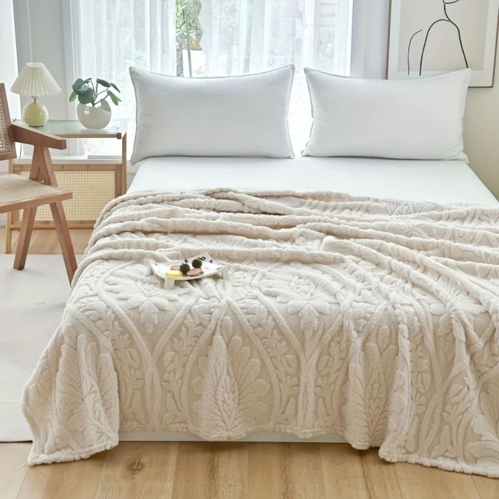 Fluffy Fleece Throw Blanket with Embossed Leaf Pattern for Bed and Couch