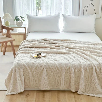 Fluffy Fleece Throw Blanket with Embossed Leaf Pattern for Bed and Couch