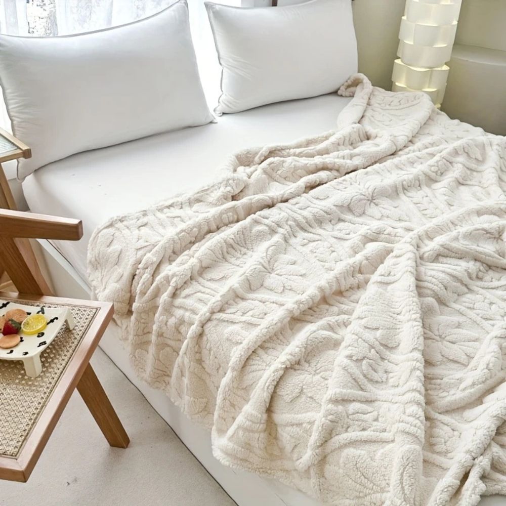 Fluffy Fleece Throw Blanket with Embossed Leaf Pattern for Bed and Couch