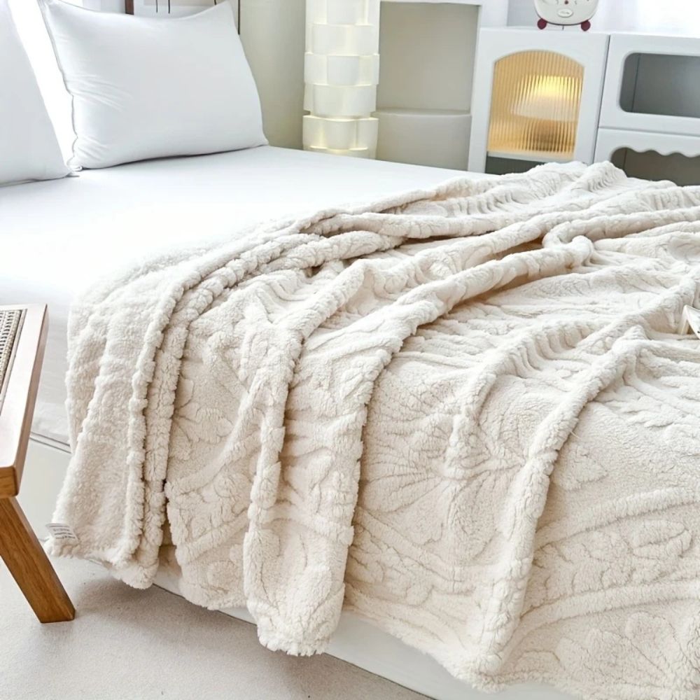 Fluffy Fleece Throw Blanket with Embossed Leaf Pattern for Bed and Couch