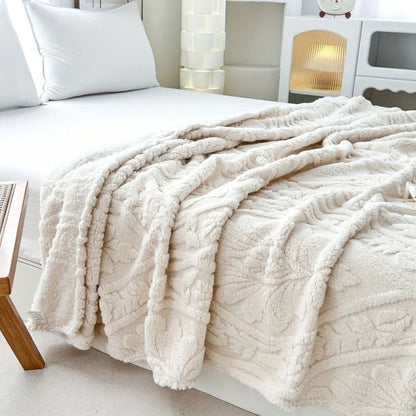 Fluffy Fleece Throw Blanket with Embossed Leaf Pattern for Bed and Couch