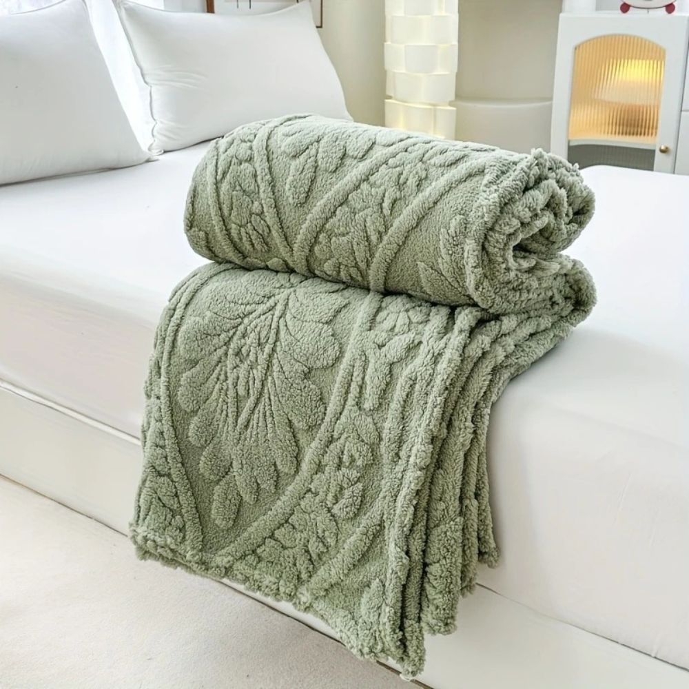 Fluffy Fleece Throw Blanket with Embossed Leaf Pattern for Bed and Couch