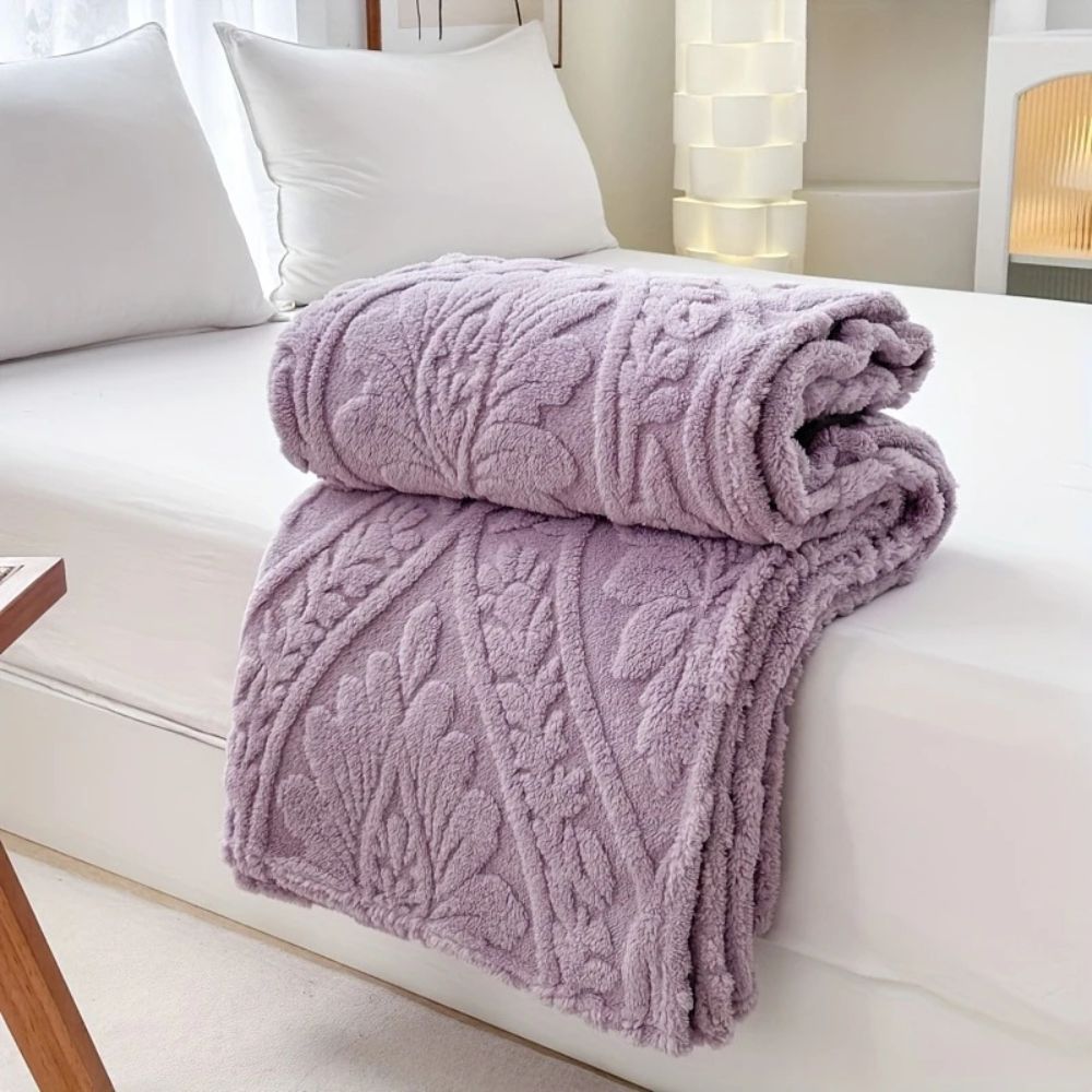 Fluffy Fleece Throw Blanket with Embossed Leaf Pattern for Bed and Couch