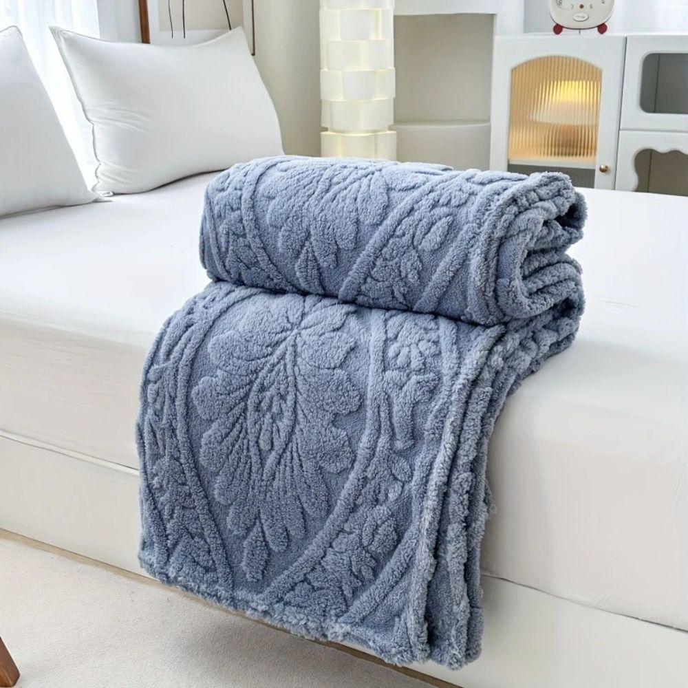 Fluffy Fleece Throw Blanket with Embossed Leaf Pattern for Bed and Couch