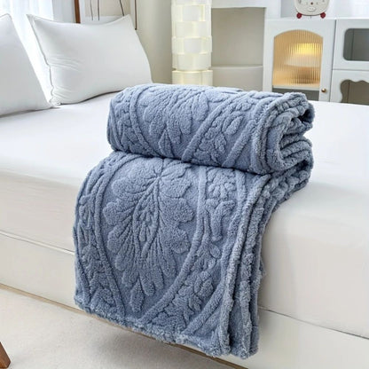 Fluffy Fleece Throw Blanket with Embossed Leaf Pattern for Bed and Couch
