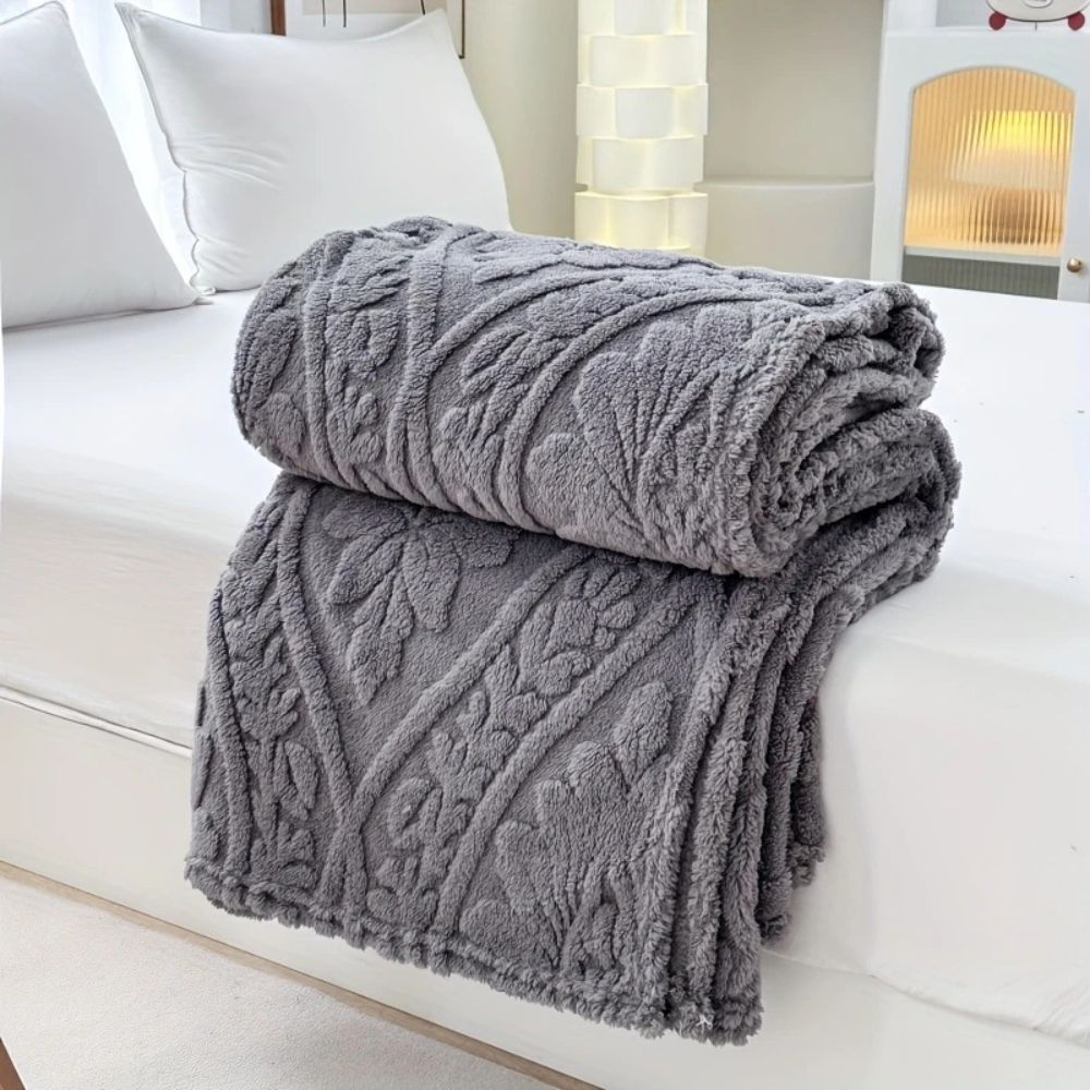 Fluffy Fleece Throw Blanket with Embossed Leaf Pattern for Bed and Couch
