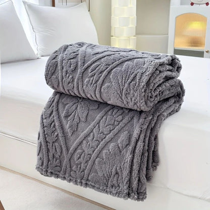 Fluffy Fleece Throw Blanket with Embossed Leaf Pattern for Bed and Couch
