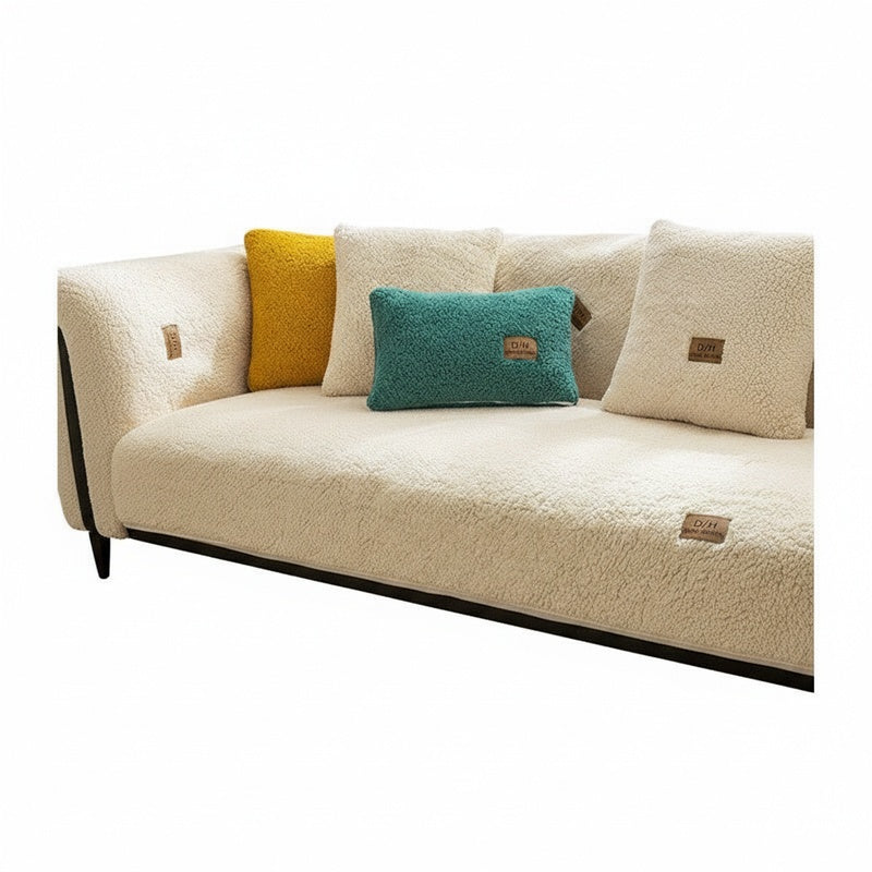 Fluffy Sofa Cover with Anti-Slip Mat and 2 Cushion Covers, Protects Against Stains and Pet Hair