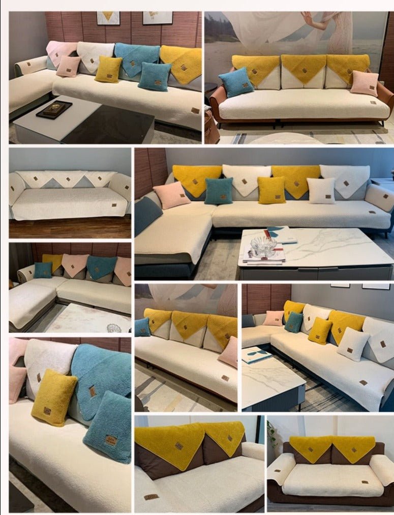 Fluffy Sofa Cover with Anti-Slip Mat and 2 Cushion Covers, Protects Against Stains and Pet Hair