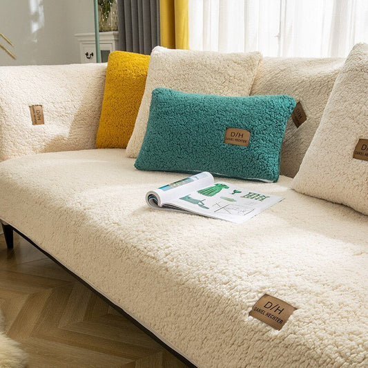 Fluffy Sofa Cover with Anti-Slip Mat and 2 Cushion Covers, Protects Against Stains and Pet Hair
