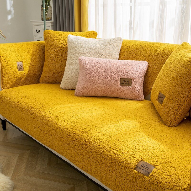 Fluffy Sofa Cover with Anti-Slip Mat and 2 Cushion Covers, Protects Against Stains and Pet Hair