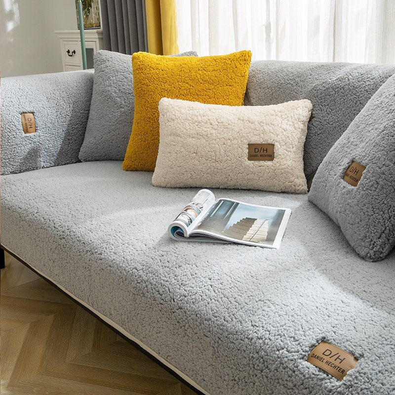 Fluffy Sofa Cover with Anti-Slip Mat and 2 Cushion Covers, Protects Against Stains and Pet Hair