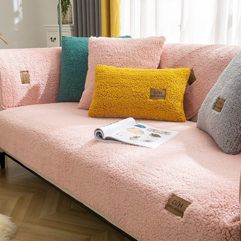 Fluffy Sofa Cover with Anti-Slip Mat and 2 Cushion Covers, Protects Against Stains and Pet Hair