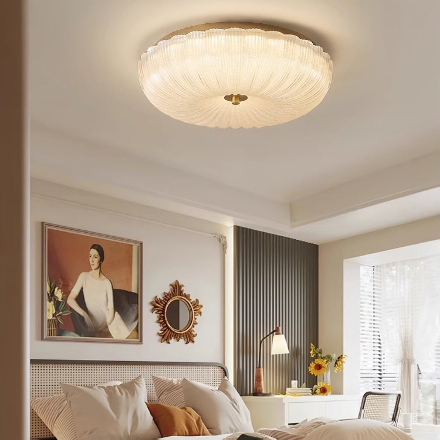 Flush Mount Ceiling Light Art Deco with Frosted Ripple Glass Shade