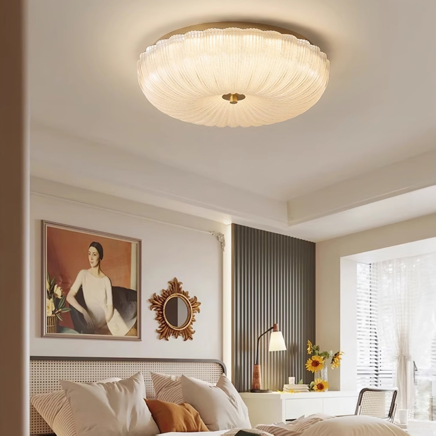 Flush Mount Ceiling Light Art Deco with Frosted Ripple Glass Shade