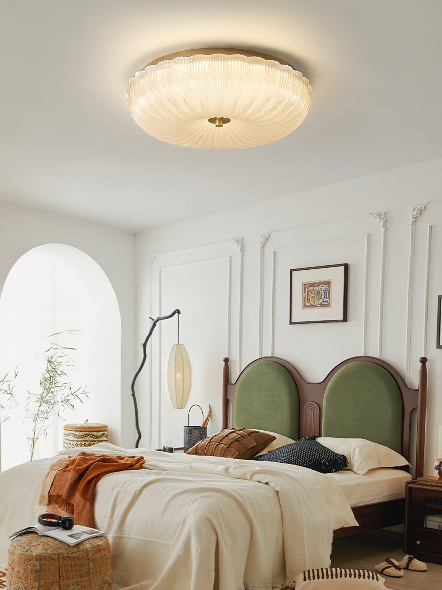 Flush Mount Ceiling Light Art Deco with Frosted Ripple Glass Shade