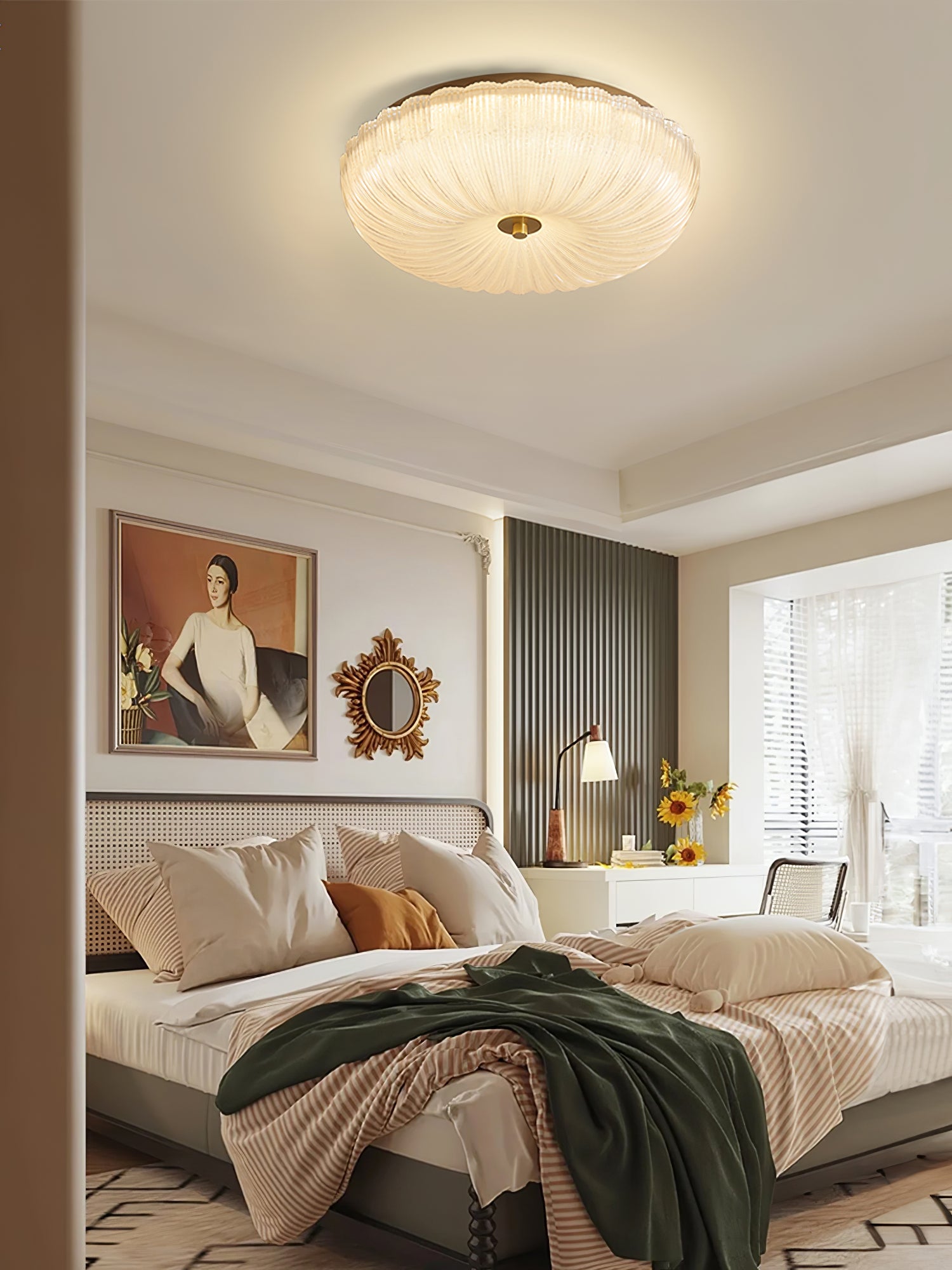 Flush Mount Ceiling Light Art Deco with Frosted Ripple Glass Shade