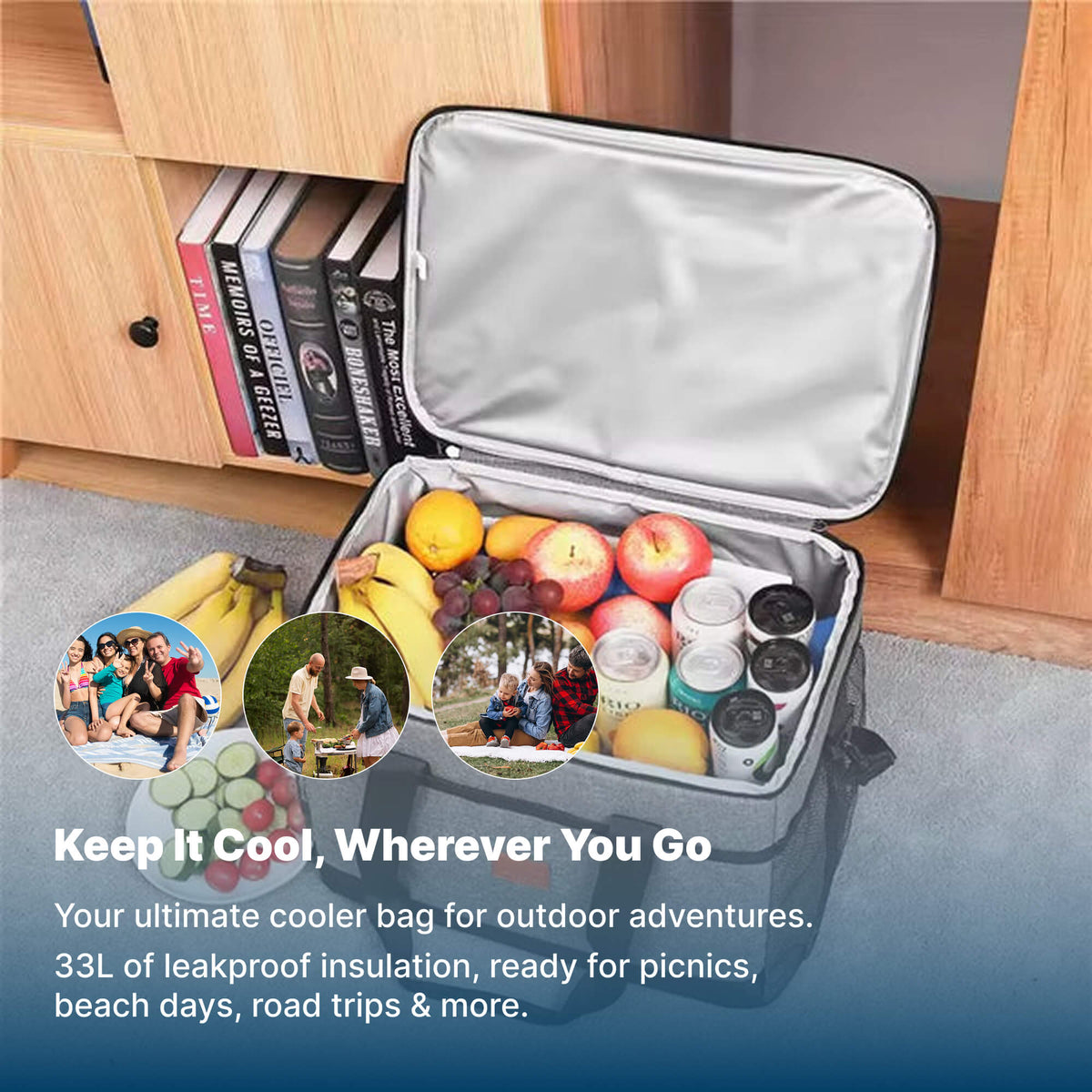 Foldable Cooler Bag with Shoulder Strap and Side Mesh Pockets