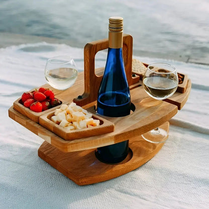 Foldable Picnic Wine Table with Snack Trays and Glass Holders