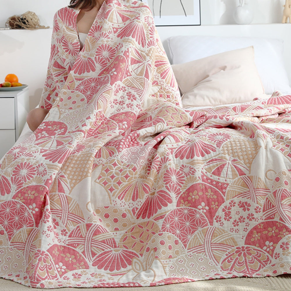 Four-Layer Gauze Cotton Throw Blanket with Japanese Floral Pattern