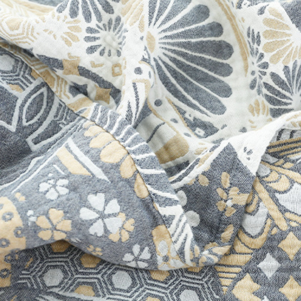 Four-Layer Gauze Cotton Throw Blanket with Japanese Floral Pattern