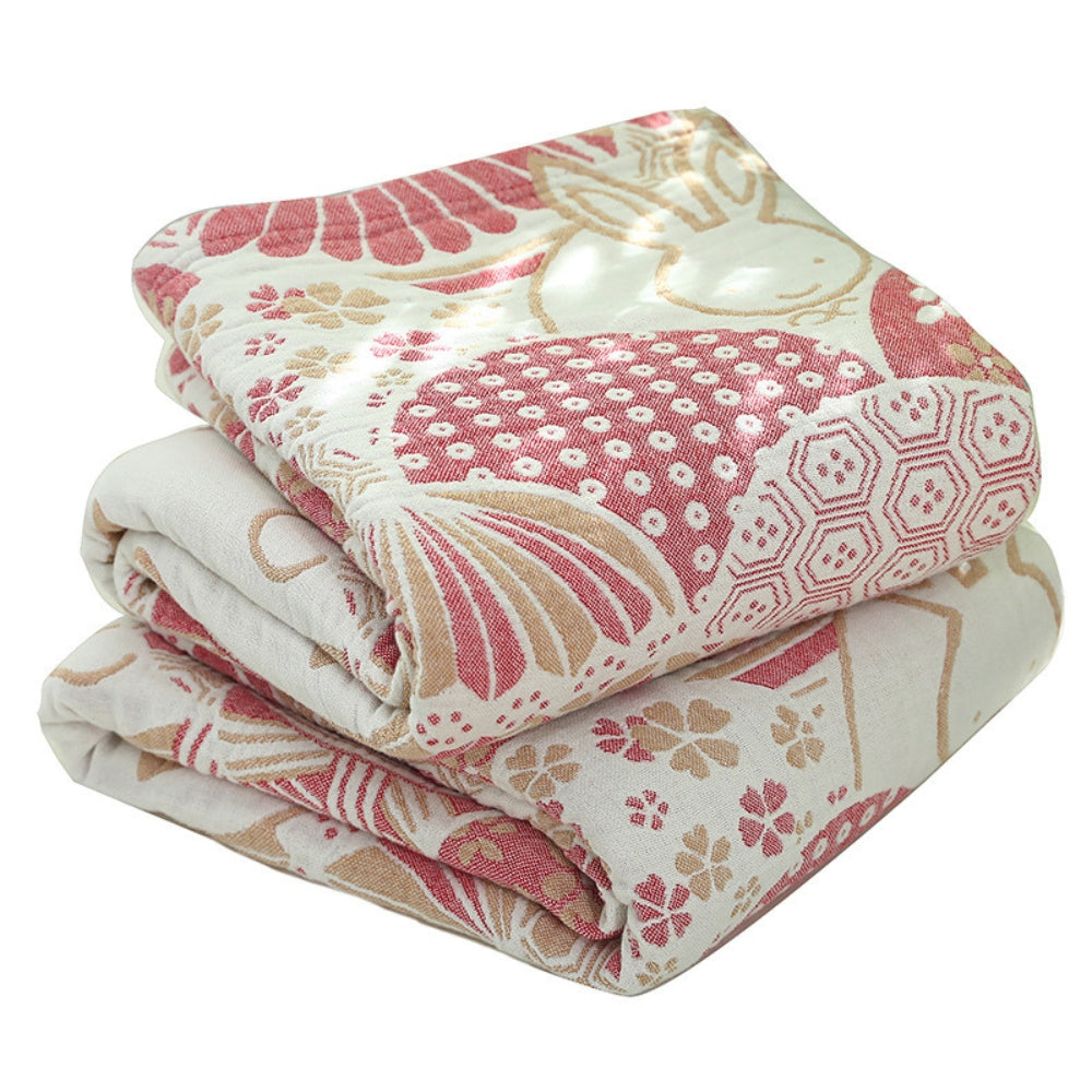 Four-Layer Gauze Cotton Throw Blanket with Japanese Floral Pattern