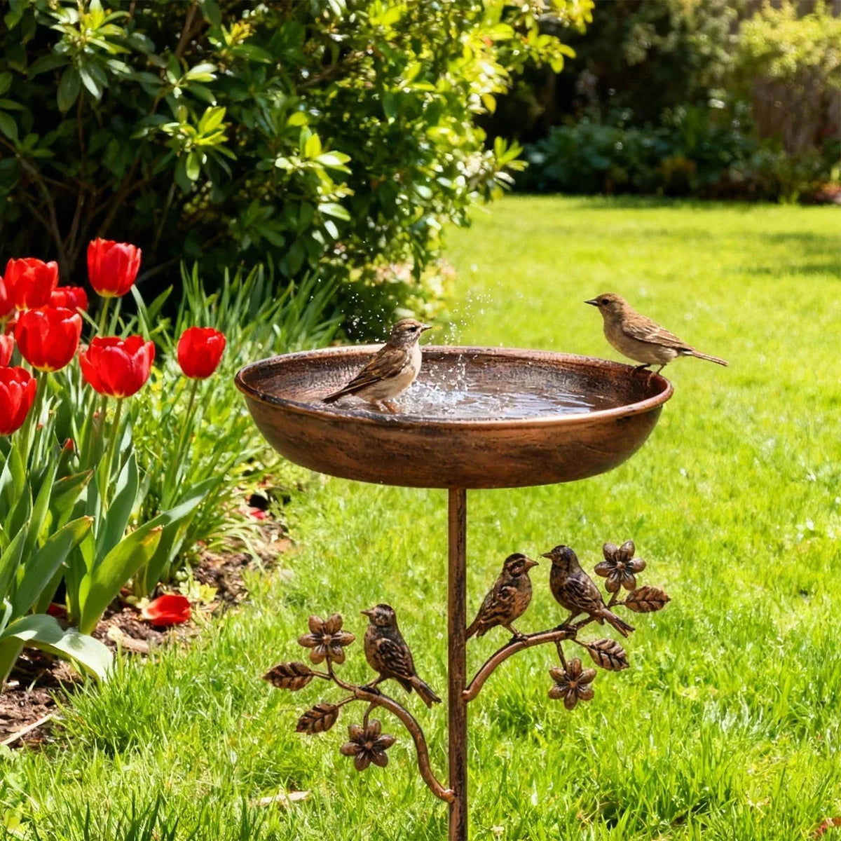 Garden Bird Bath with Ground Stake and Bird Figurines