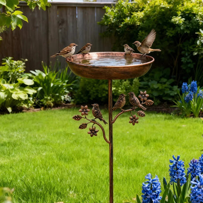 Garden Bird Bath with Ground Stake and Bird Figurines