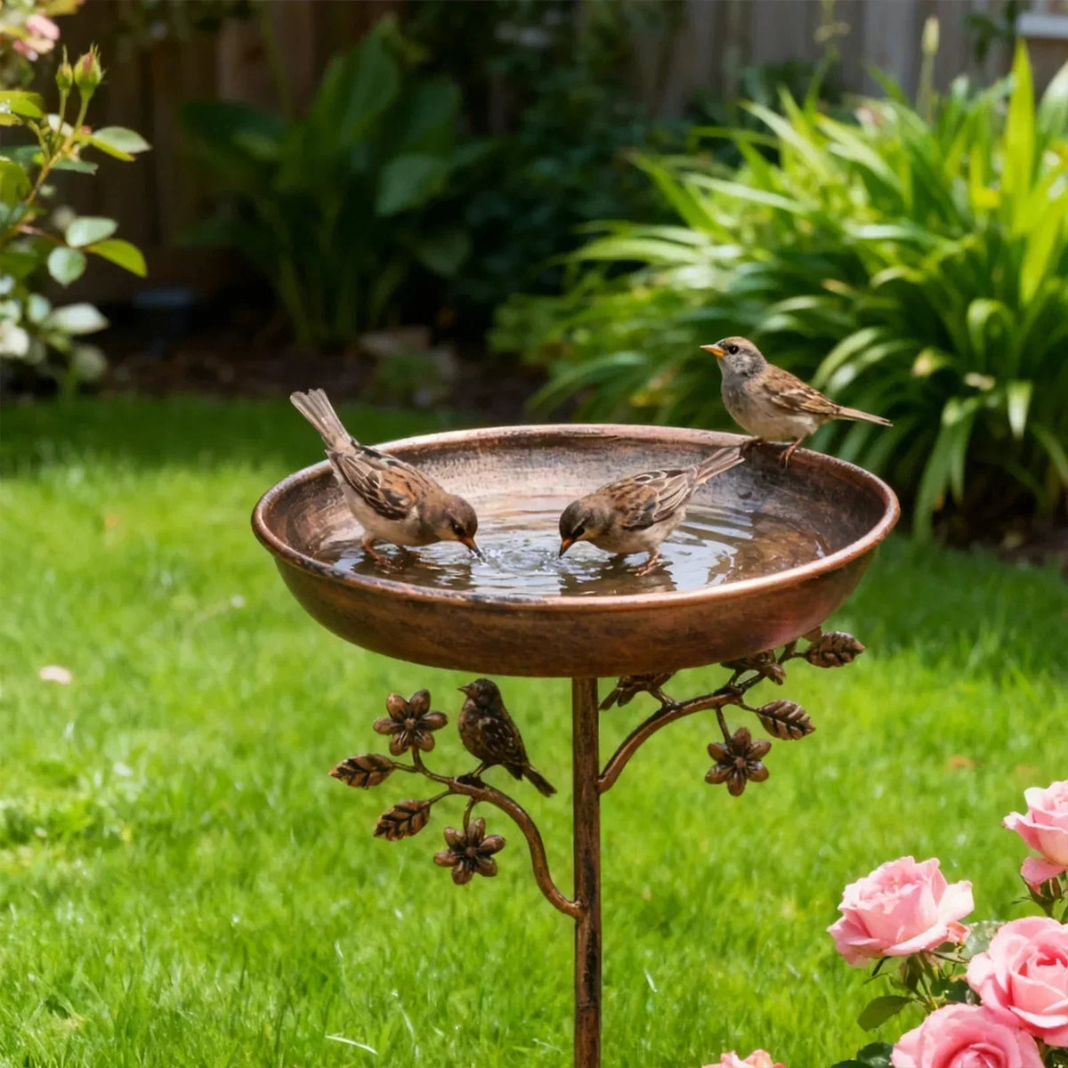 Garden Bird Bath with Ground Stake and Bird Figurines