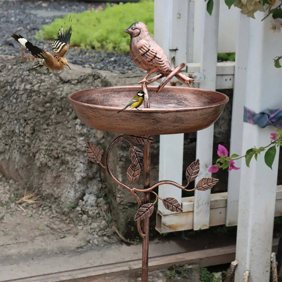 Garden Bird Bath with Ground Stake and Bird Figurines