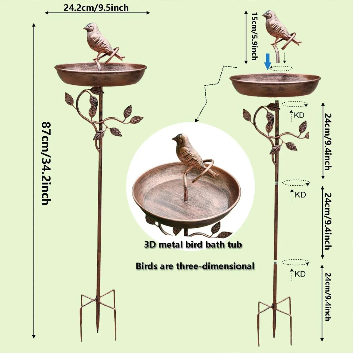 Garden Bird Bath with Ground Stake and Bird Figurines