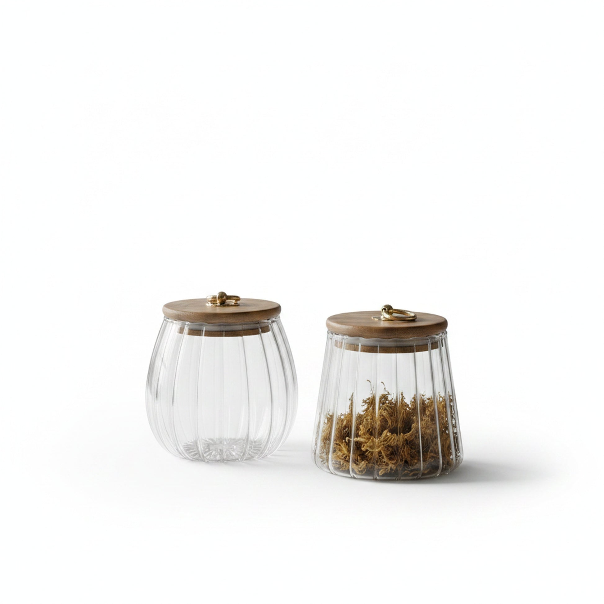 Glass Storage Jar with Wood Lid and Gold Ring Handle, Ribbed Design