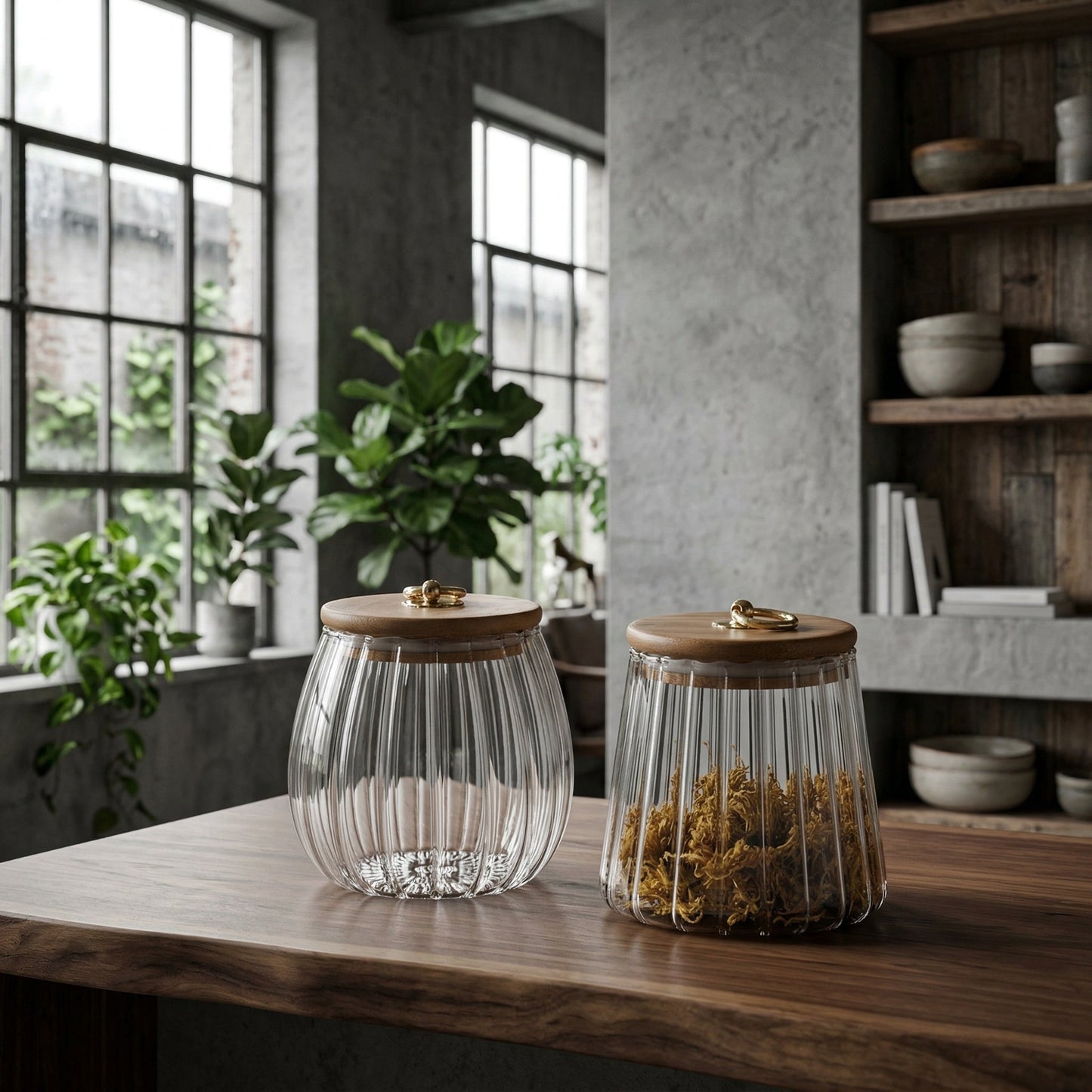 Glass Storage Jar with Wood Lid and Gold Ring Handle, Ribbed Design