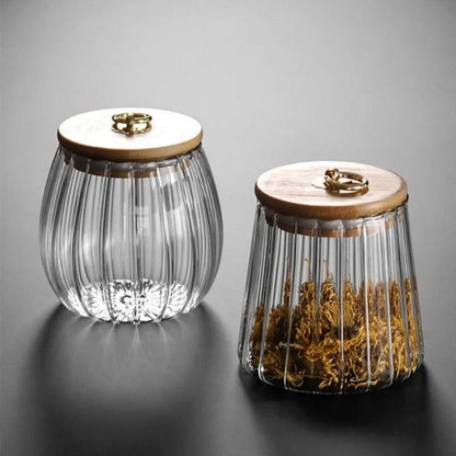 Glass Storage Jar with Wood Lid and Gold Ring Handle, Ribbed Design