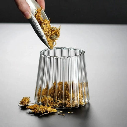 Glass Storage Jar with Wood Lid and Gold Ring Handle, Ribbed Design